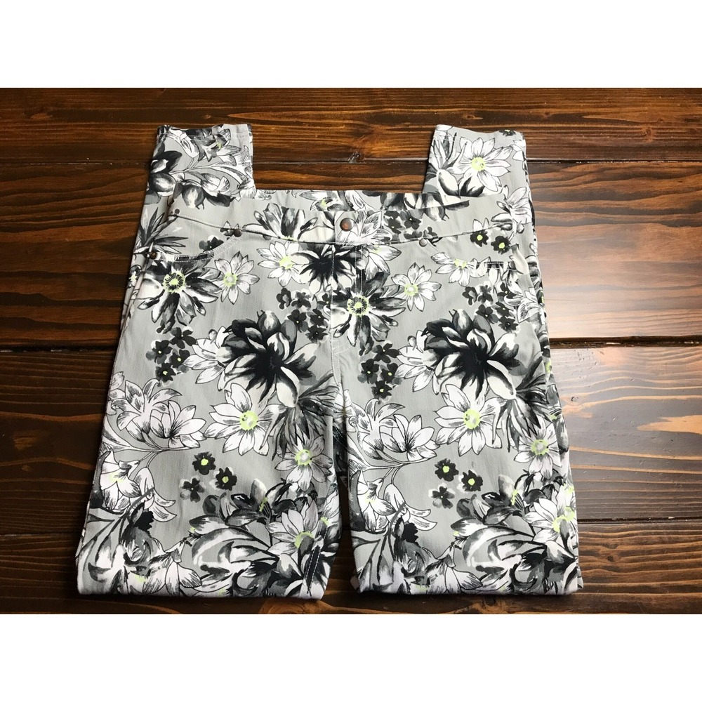 Utopia Pants, Women's Size Large, Gray Black Lime Green, Floral, Pull On